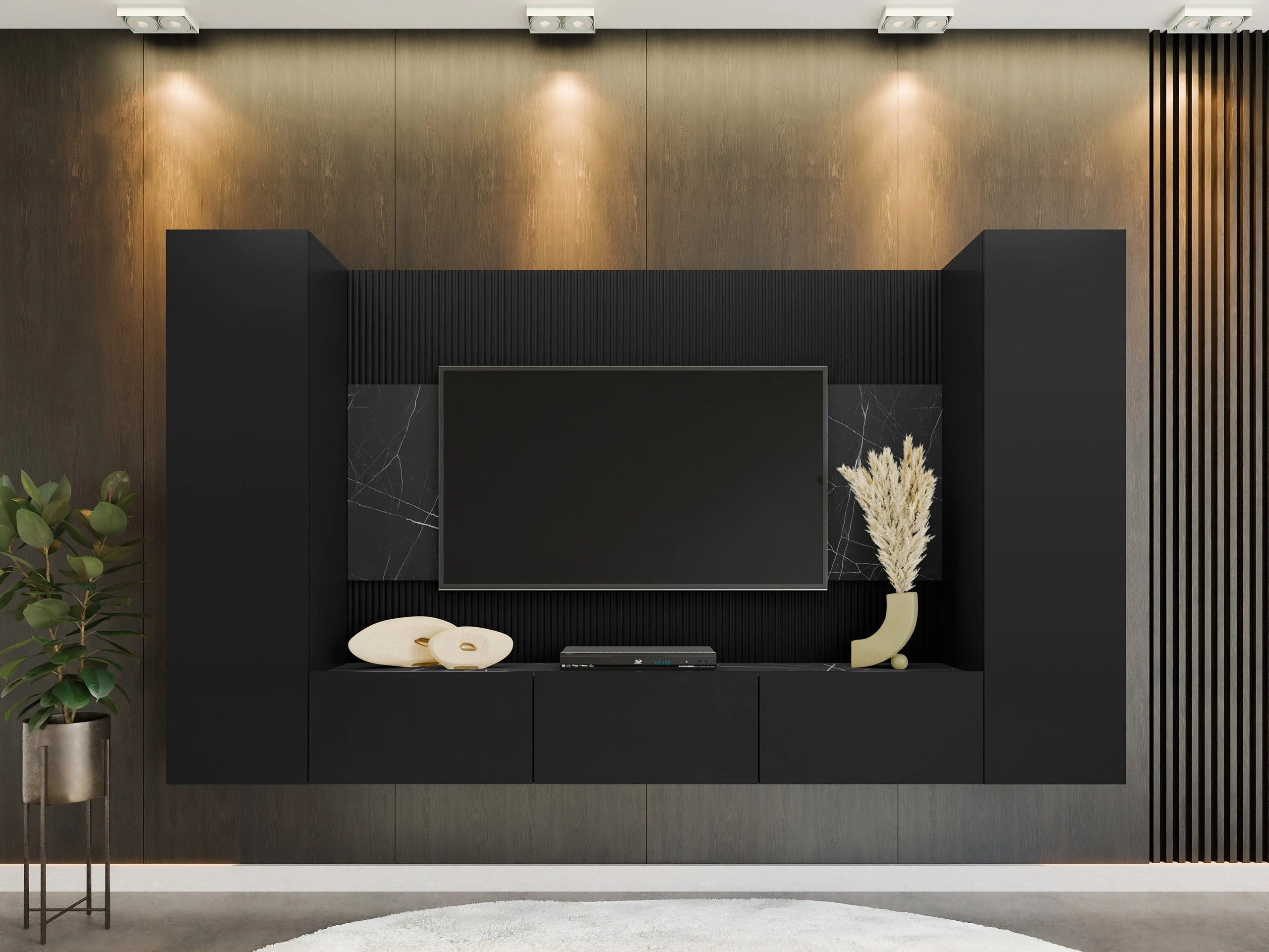Wohnzimmer-Sets Comfivo Salix V (Schwarz + Schwarzer Marmor)