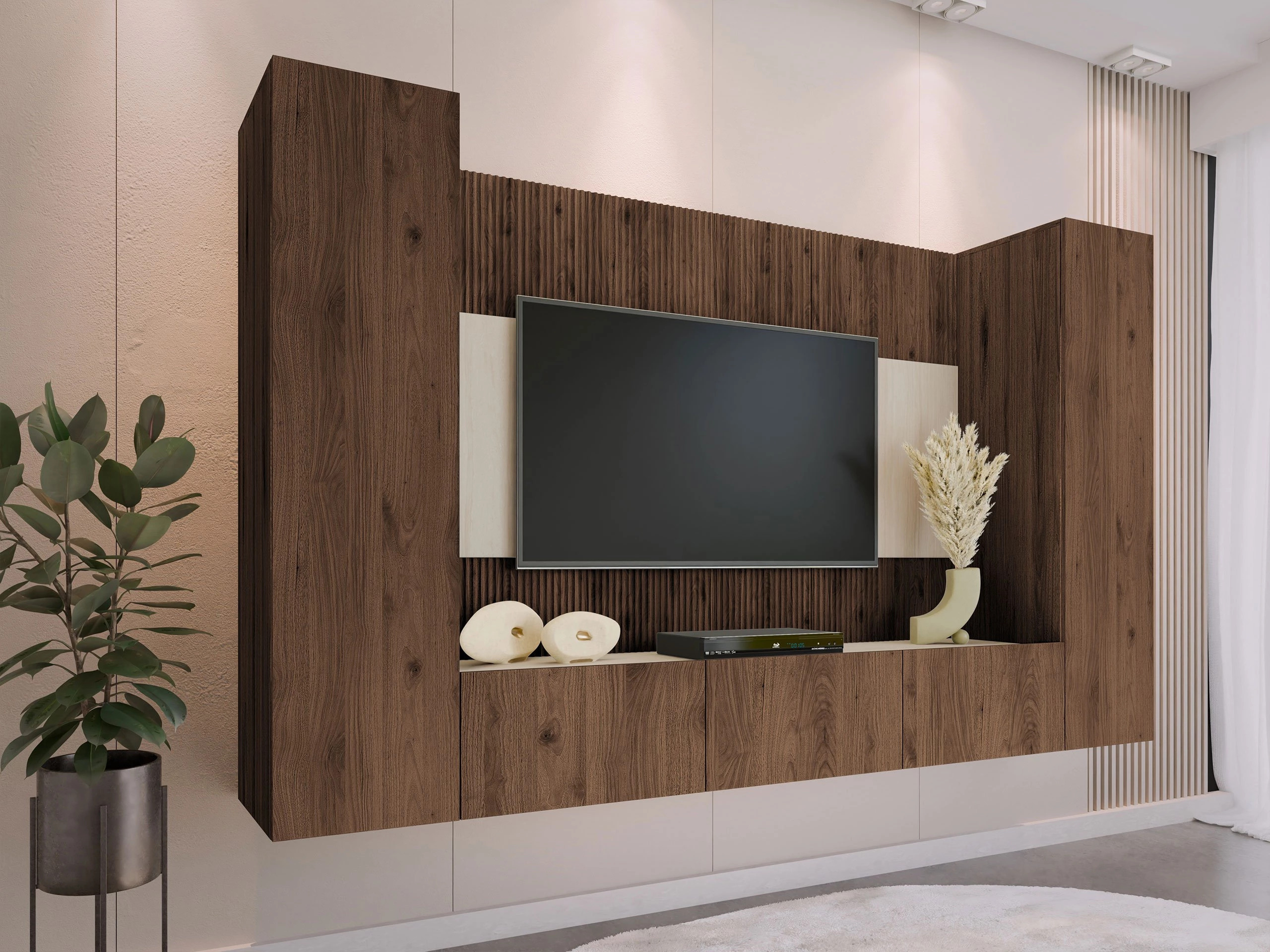Wohnzimmer-Sets Comfivo Salix V (Walnussholzoptik + Hell Travertine)