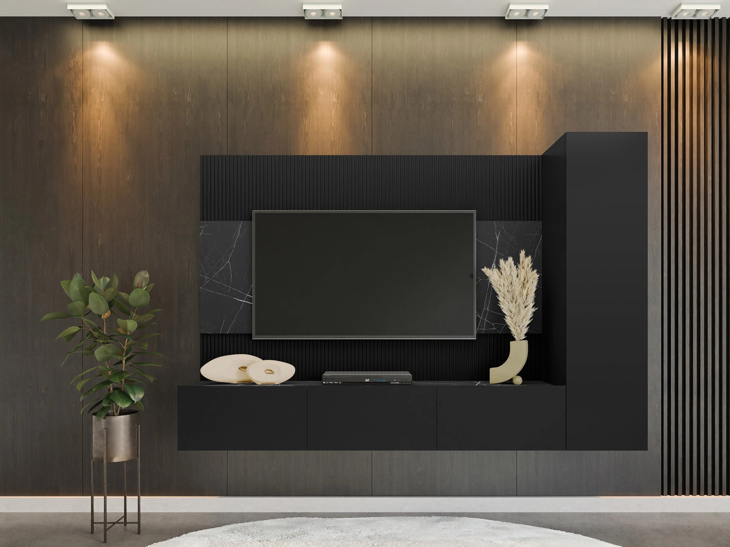 Wohnzimmer-Sets Comfivo Salix VI (Schwarz + Schwarzer Marmor)