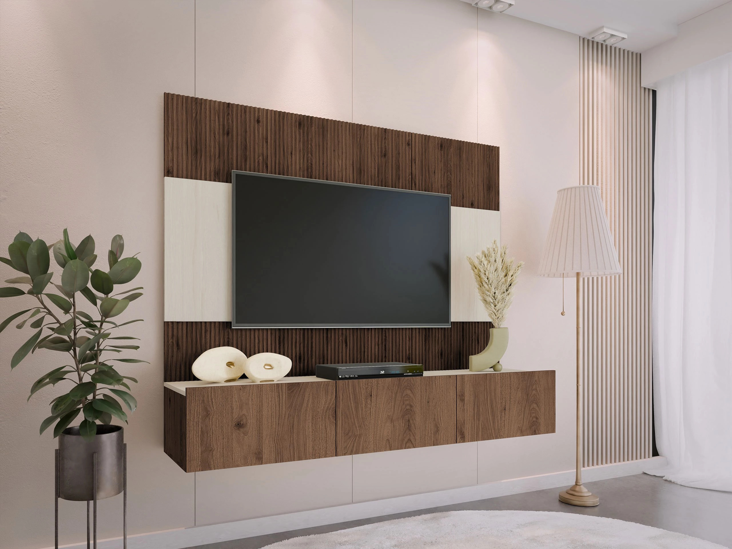 Wohnzimmer-Sets Comfivo Salix (Walnussholzoptik + Hell Travertine)