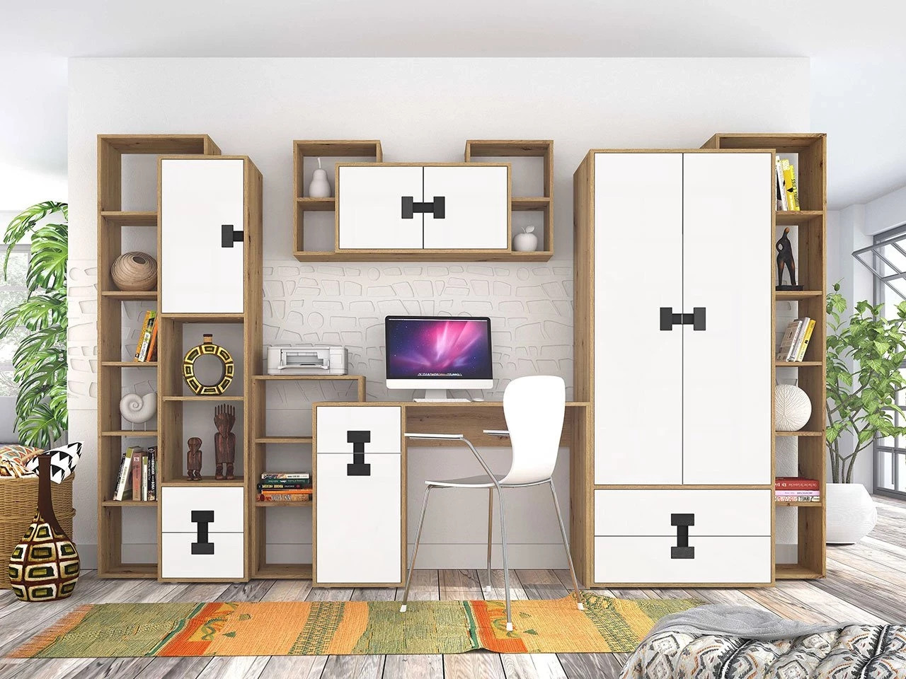 Heimbüro-Set Florevi 104 (Matt weiß + Artisan Eichenholzoptik)