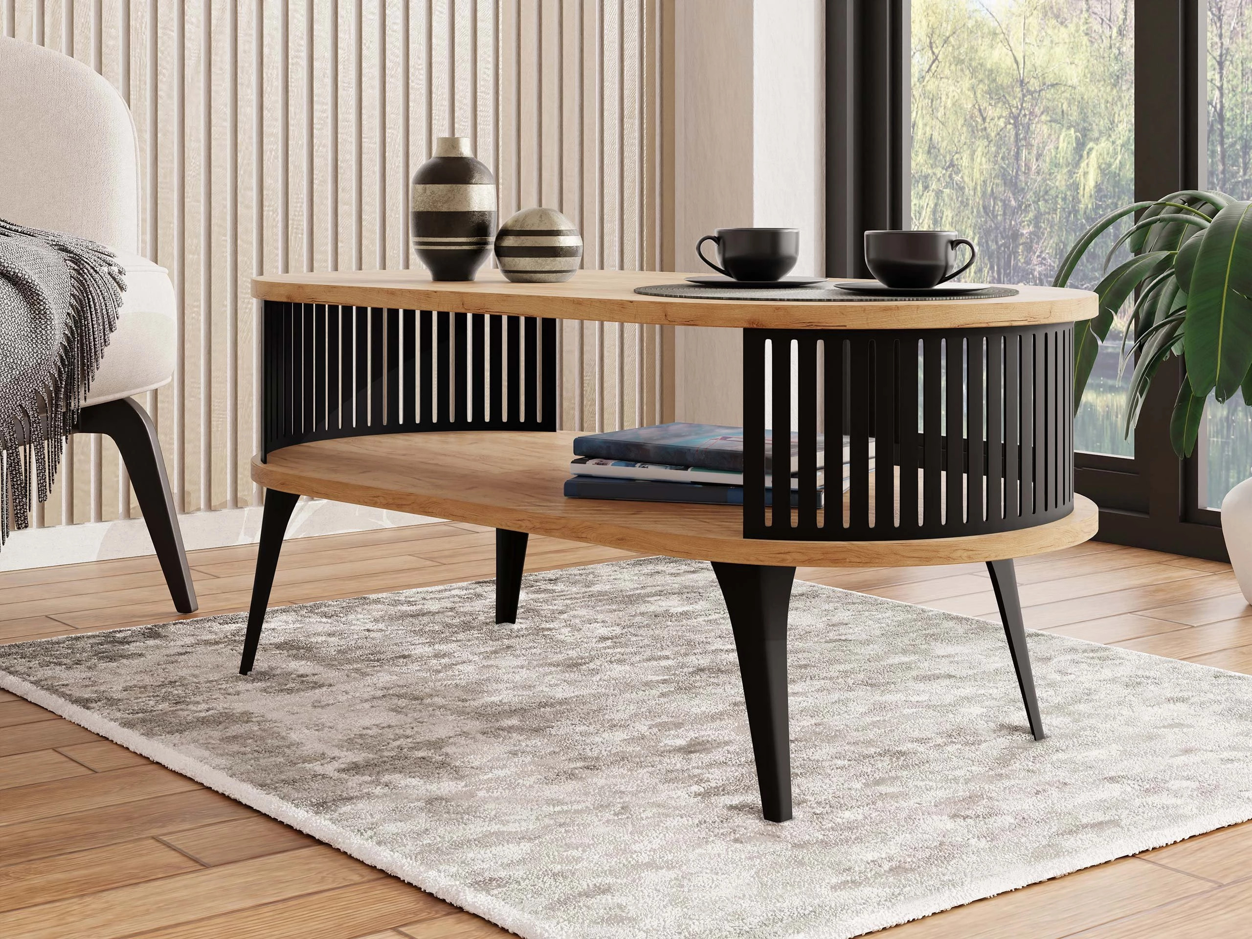 Couchtisch Vitum III (Schwarz + Craft goldene Eichenholzoptik)
