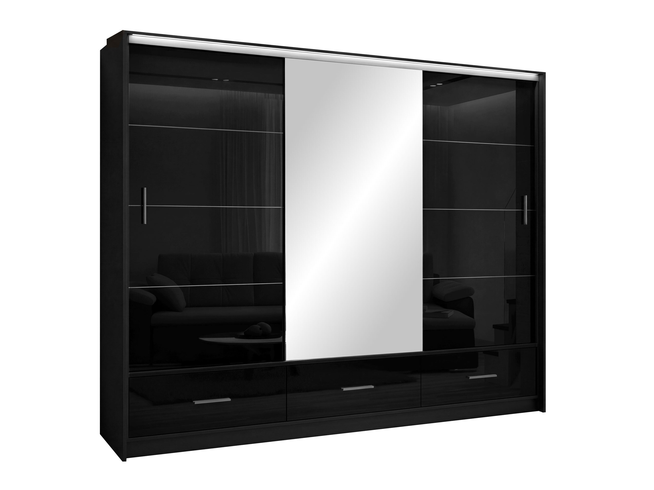 Kleiderschrank Honolulu 203 (Schwarz + Schwarz glänzend)