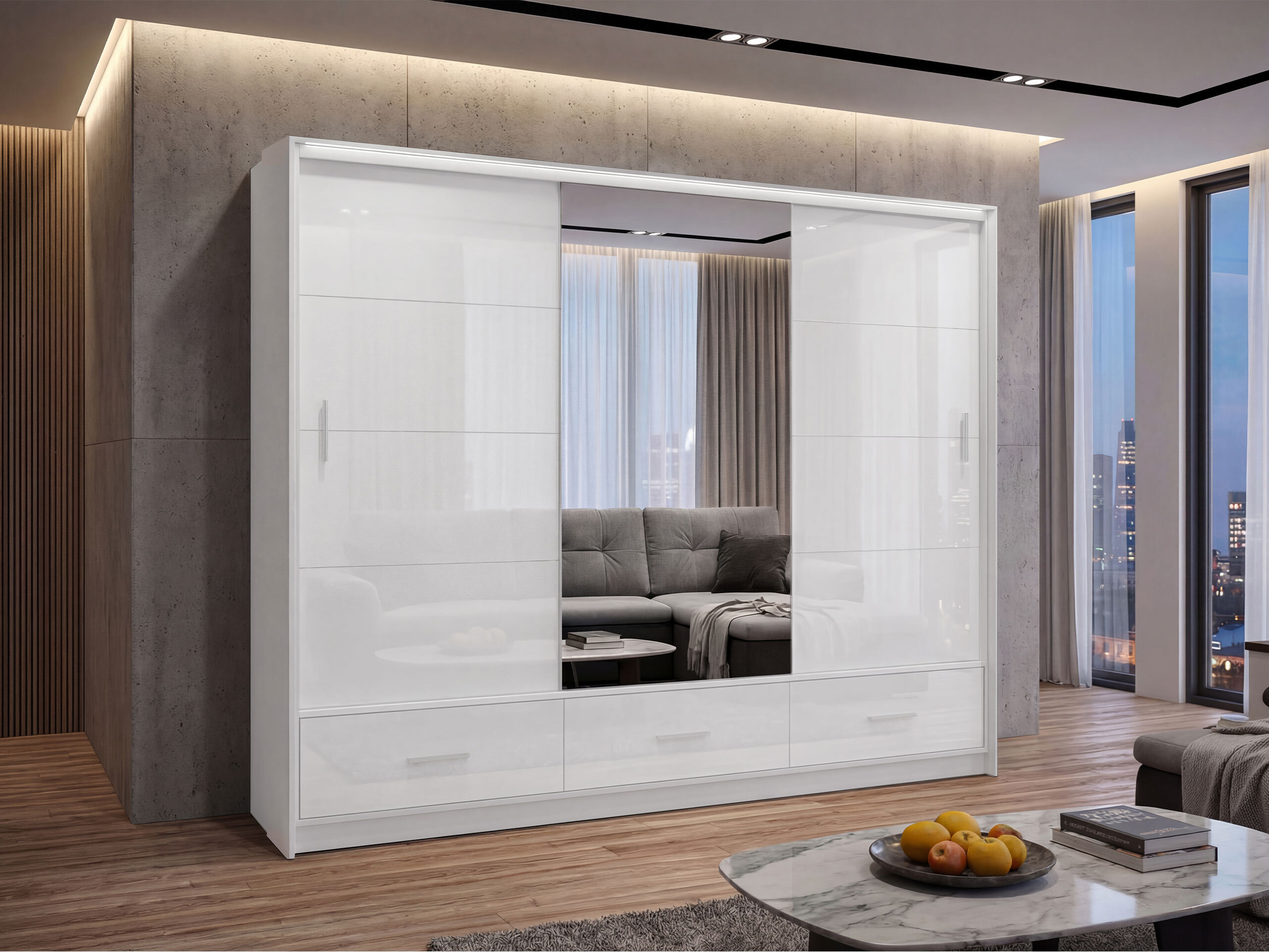 Kleiderschrank Honolulu 203 (Weiß + Weiß glänzend)