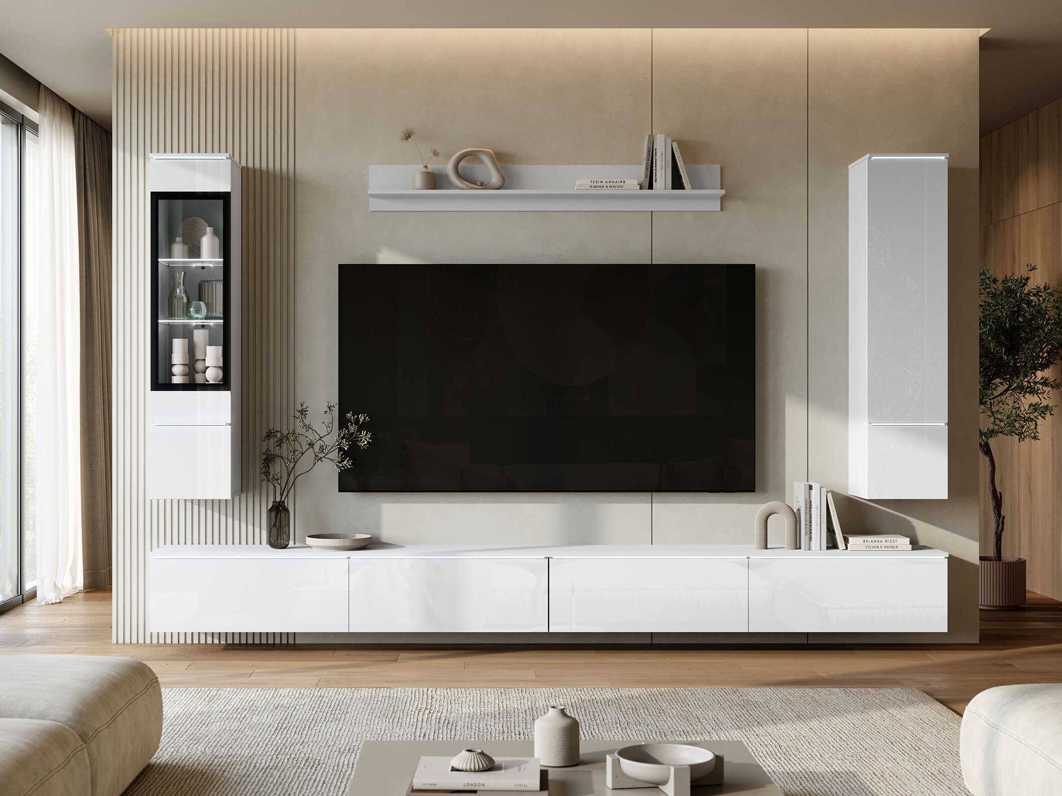 Wohnzimmer-Sets Mirfivo 110 (Weiß + Weiß glänzend)