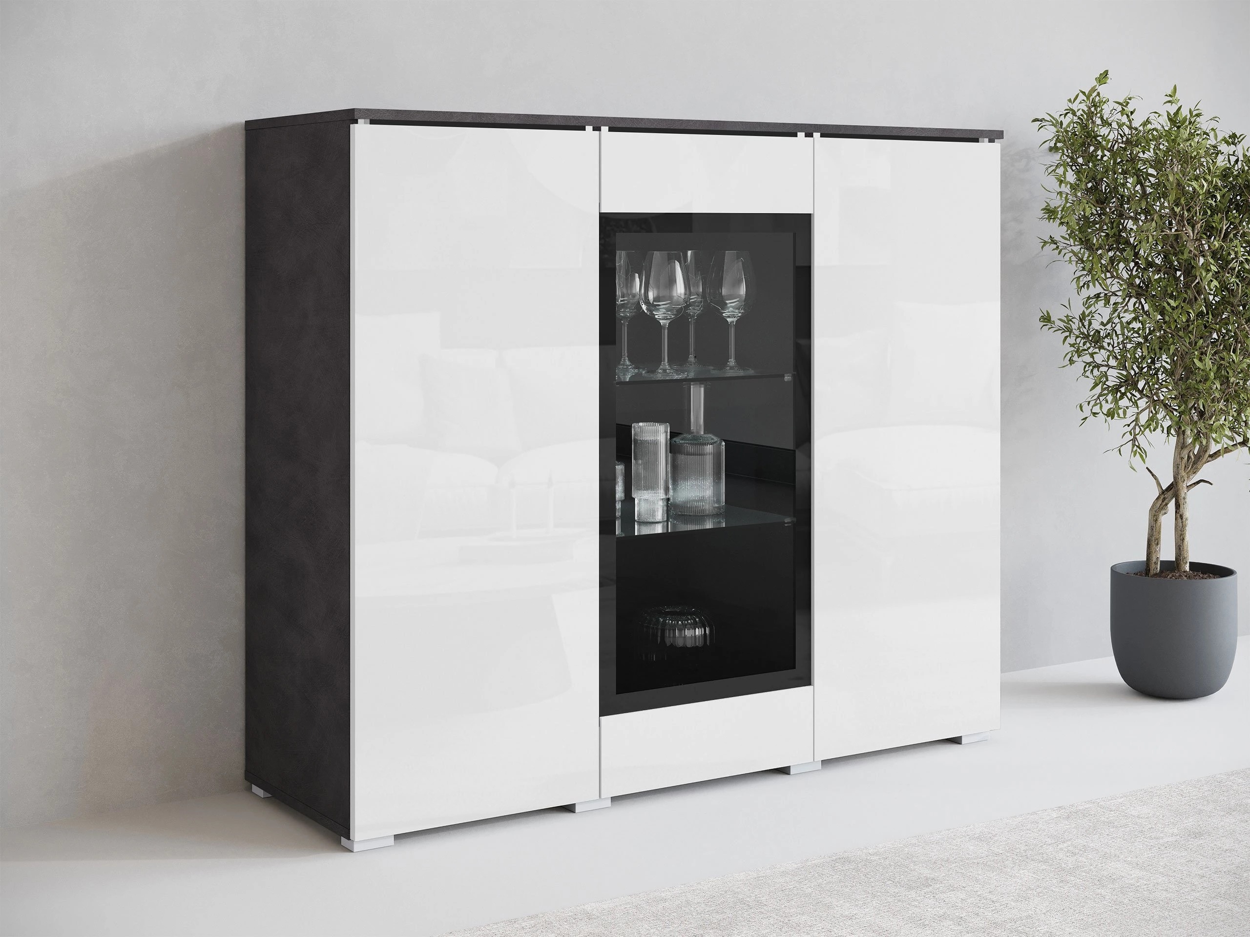 Sideboard Mirfivo 103 (Matera grau + Weiß glänzend)