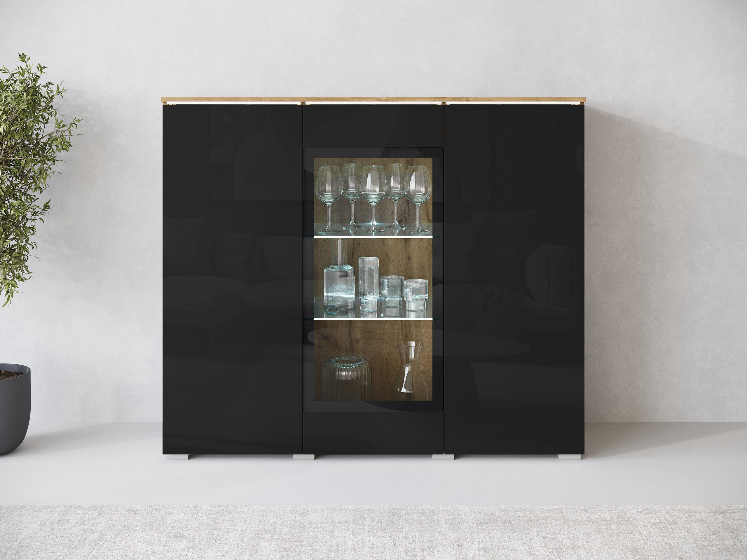 Sideboard Mirfivo 103 (Wotan Eiche + Schwarz glänzend)