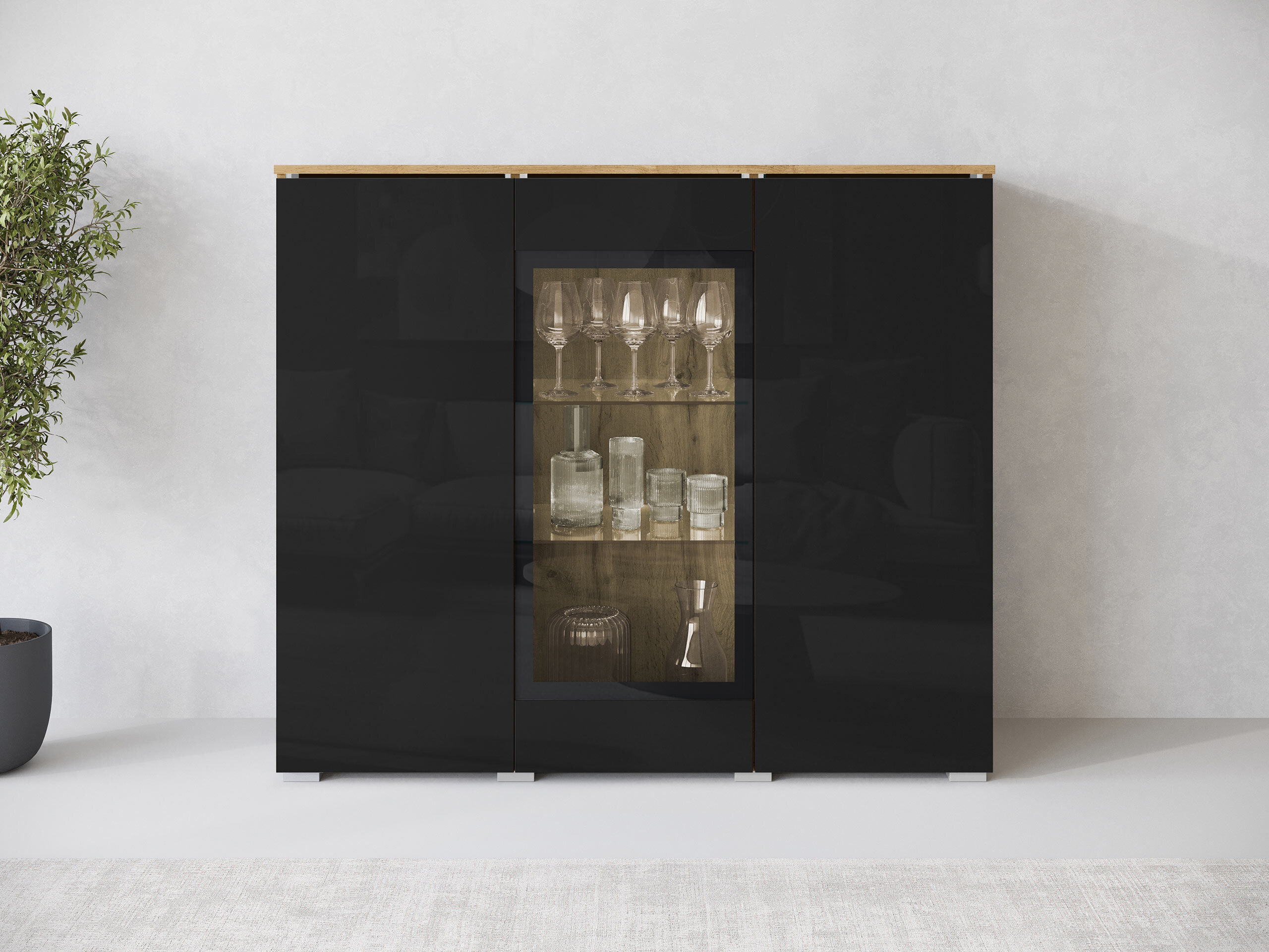 Sideboard Mirfivo 103 (Wotan Eiche + Schwarz glänzend)