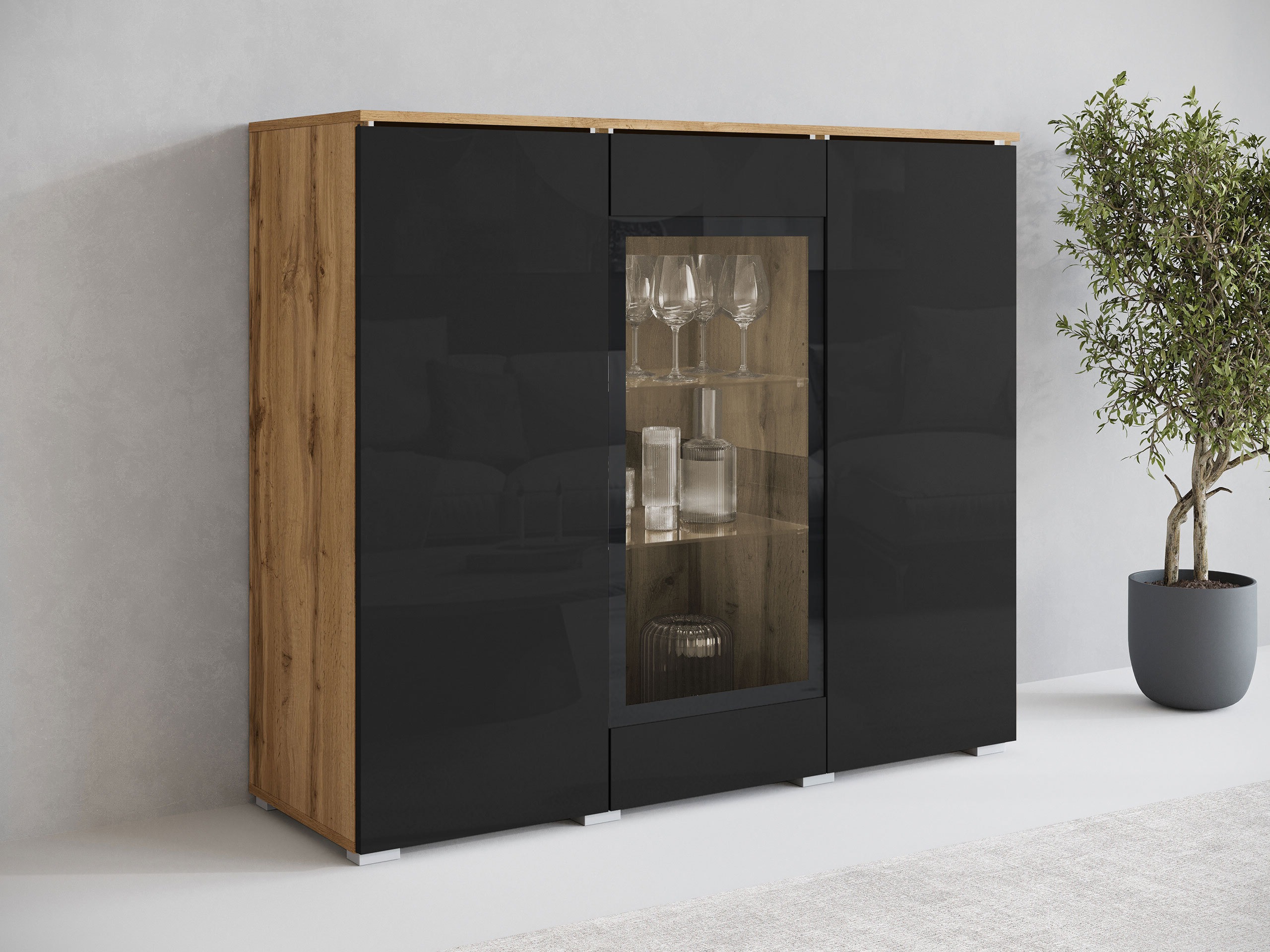 Sideboard Mirfivo 103 (Wotan Eiche + Schwarz glänzend)