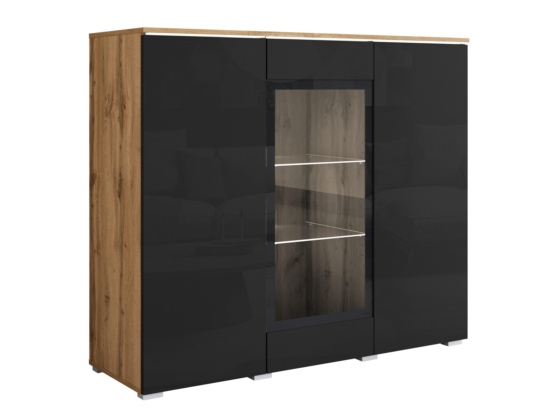 Sideboard Mirfivo 103 (Wotan Eiche + Schwarz glänzend)