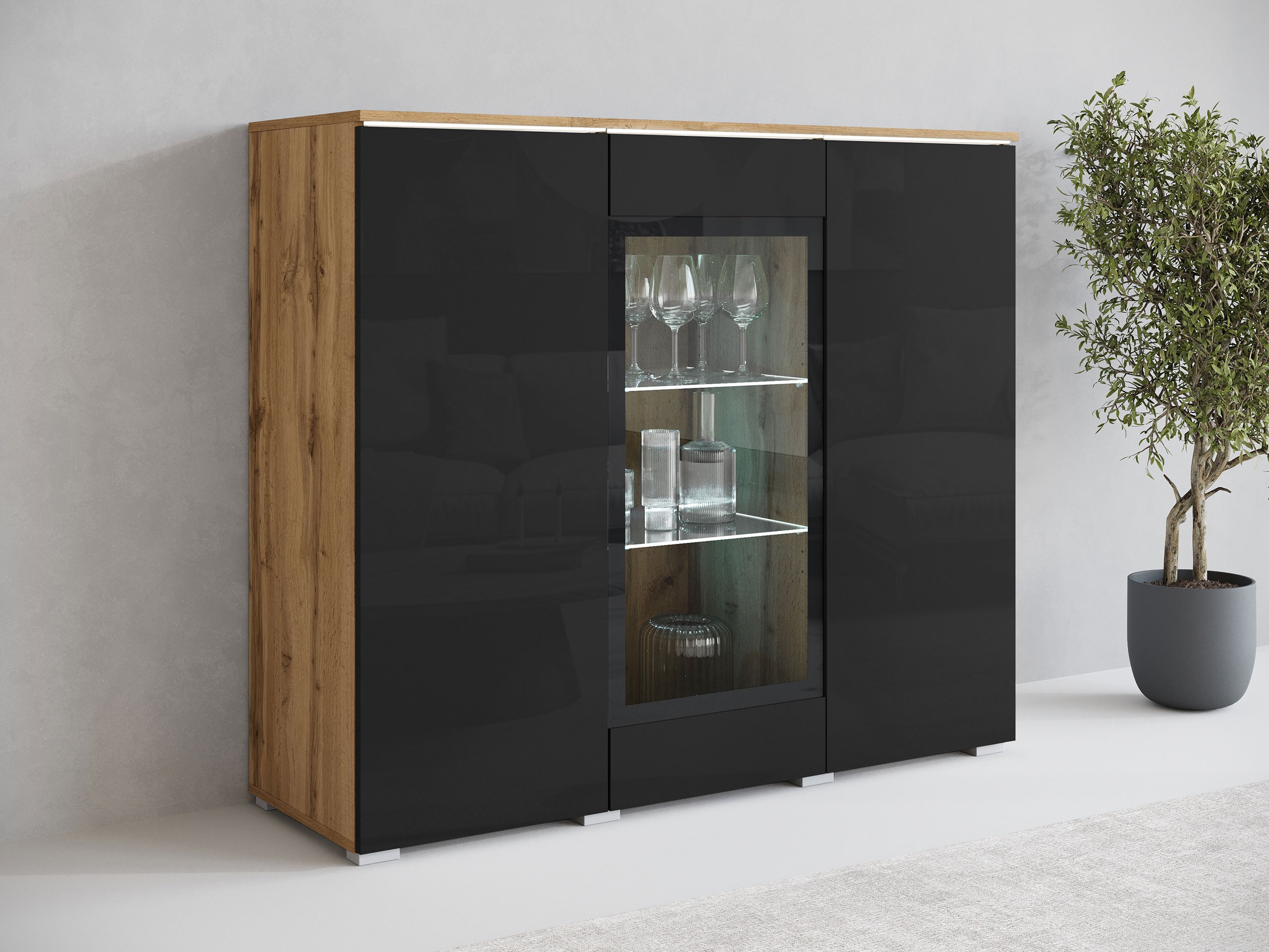 Sideboard Mirfivo 103 (Wotan Eiche + Schwarz glänzend)