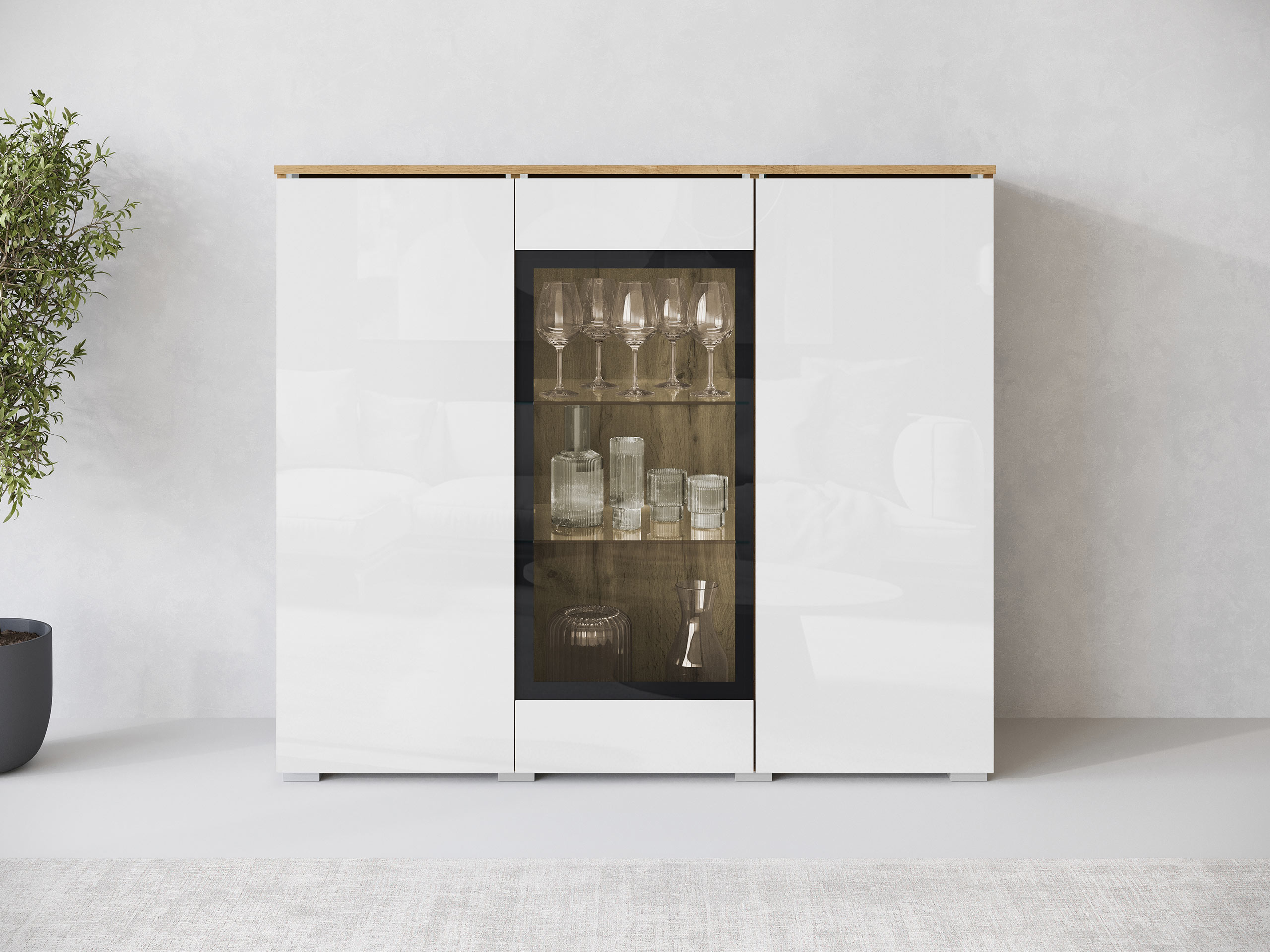 Sideboard Mirfivo 103 (Wotan Eiche + Weiß glänzend)