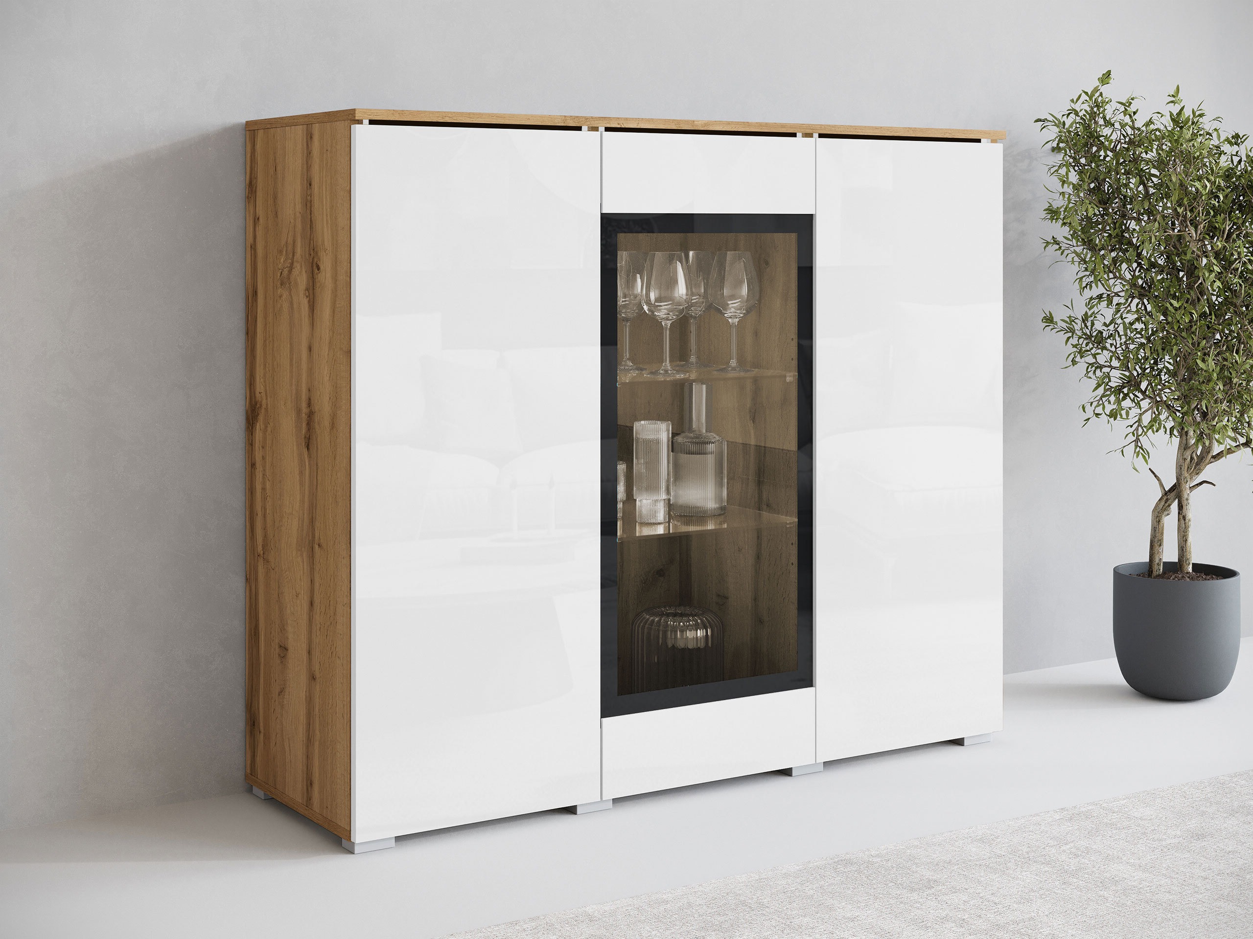 Sideboard Mirfivo 103 (Wotan Eiche + Weiß glänzend)