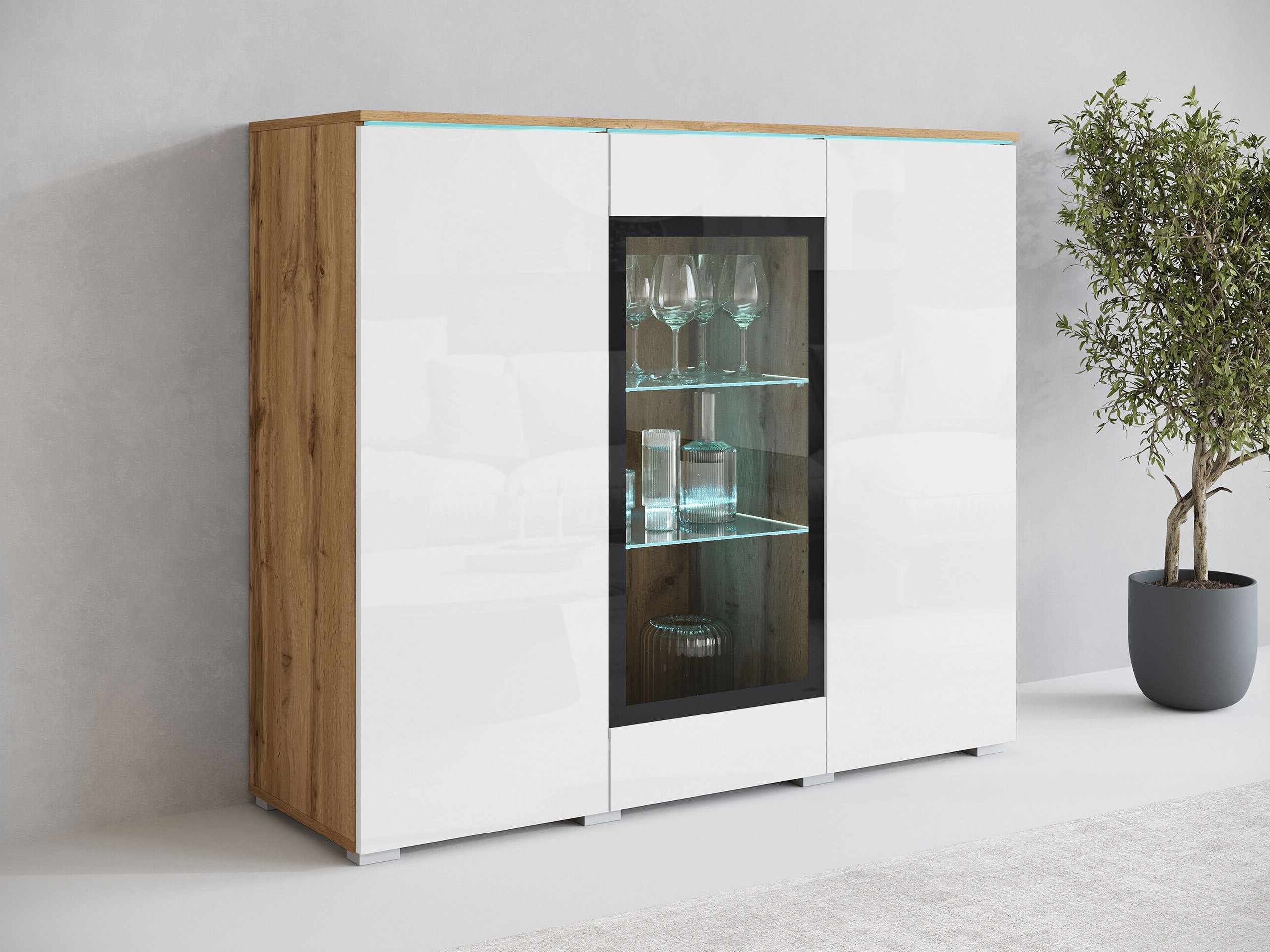 Sideboard Mirfivo 103 (Wotan Eiche + Weiß glänzend)