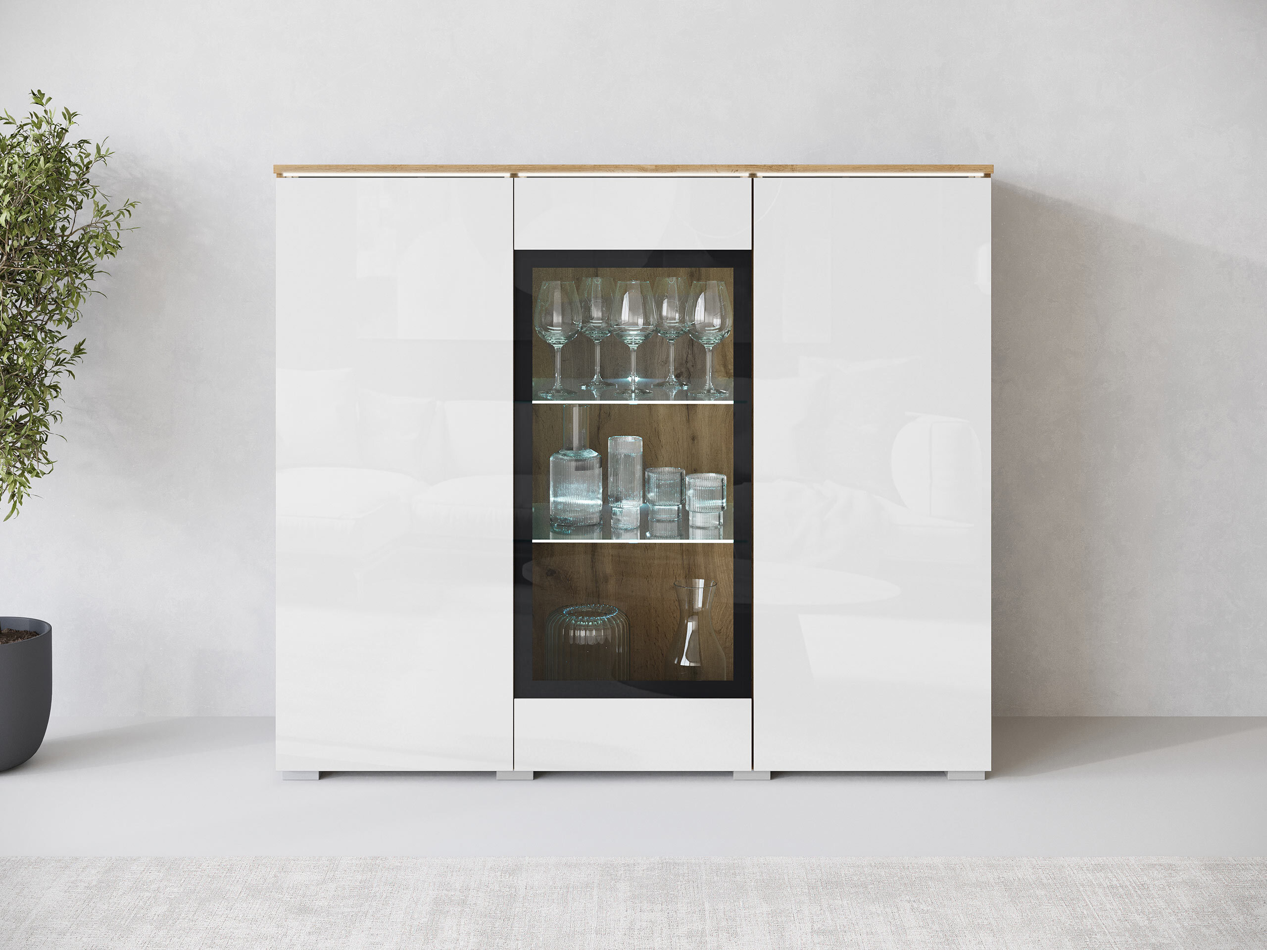 Sideboard Mirfivo 103 (Wotan Eiche + Weiß glänzend)