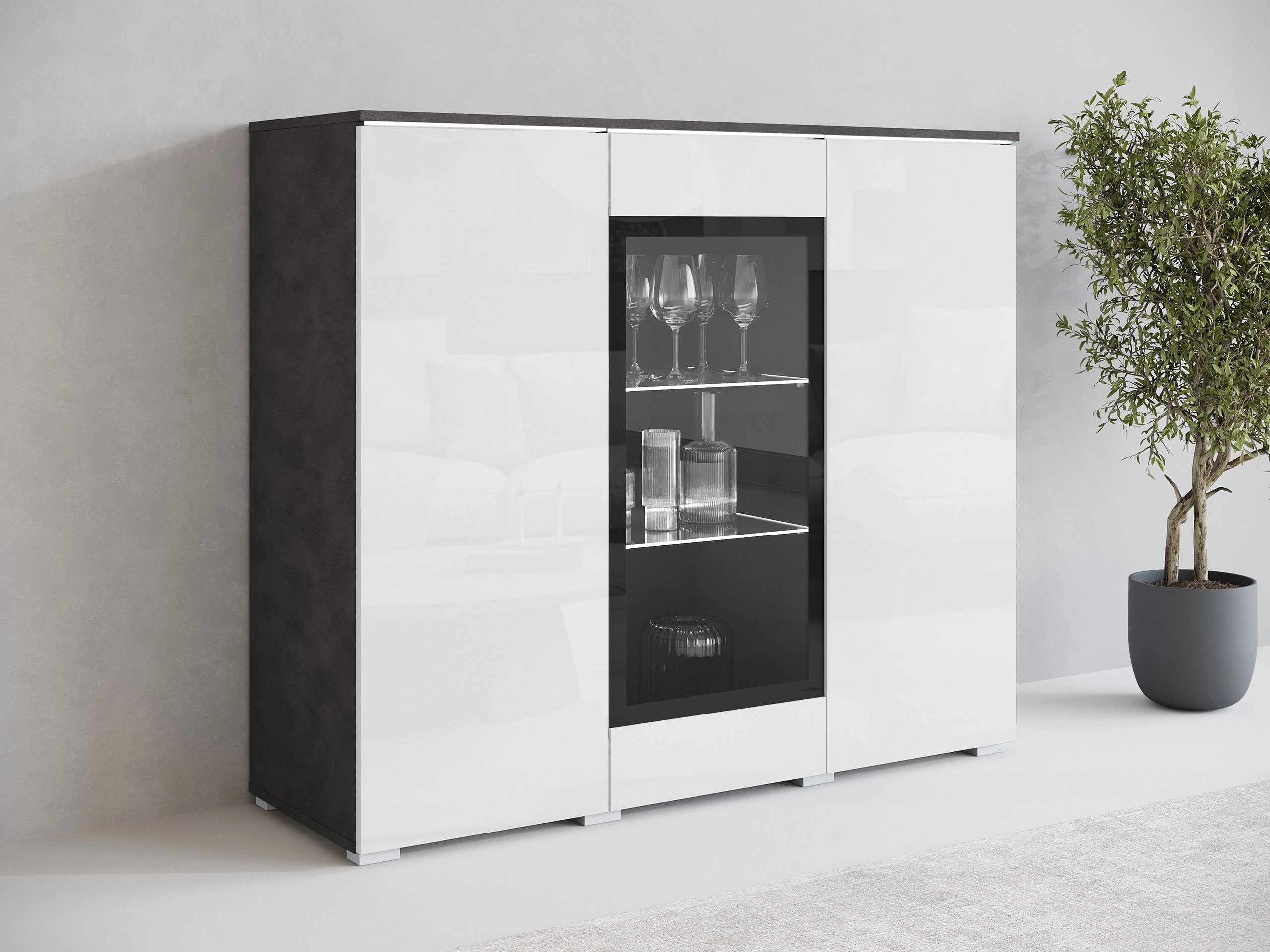 Sideboard Mirfivo 103 (Matera grau + Weiß glänzend)