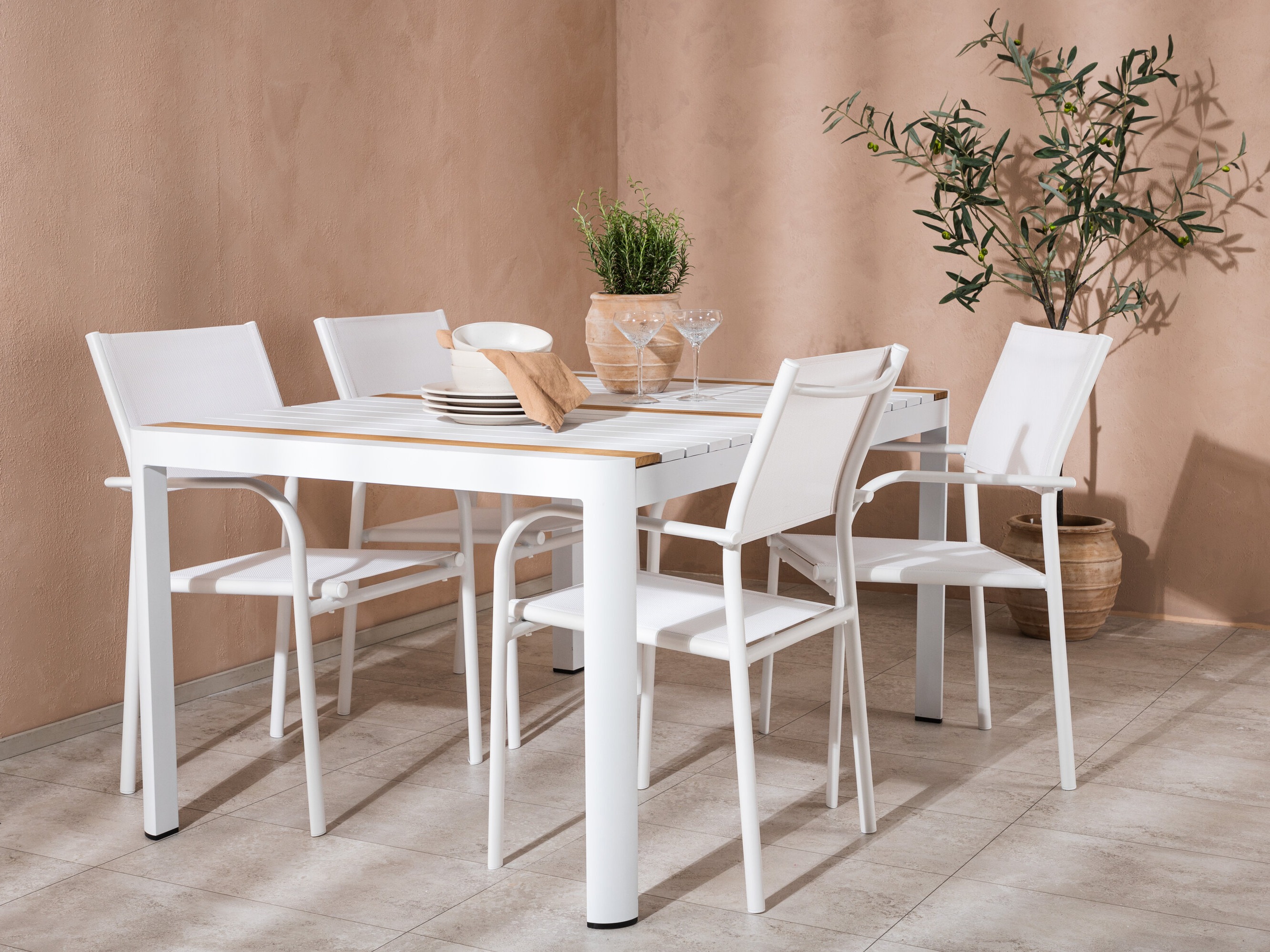 Tisch und Stühle Dallas 5318 (Weiß + Teakholz)