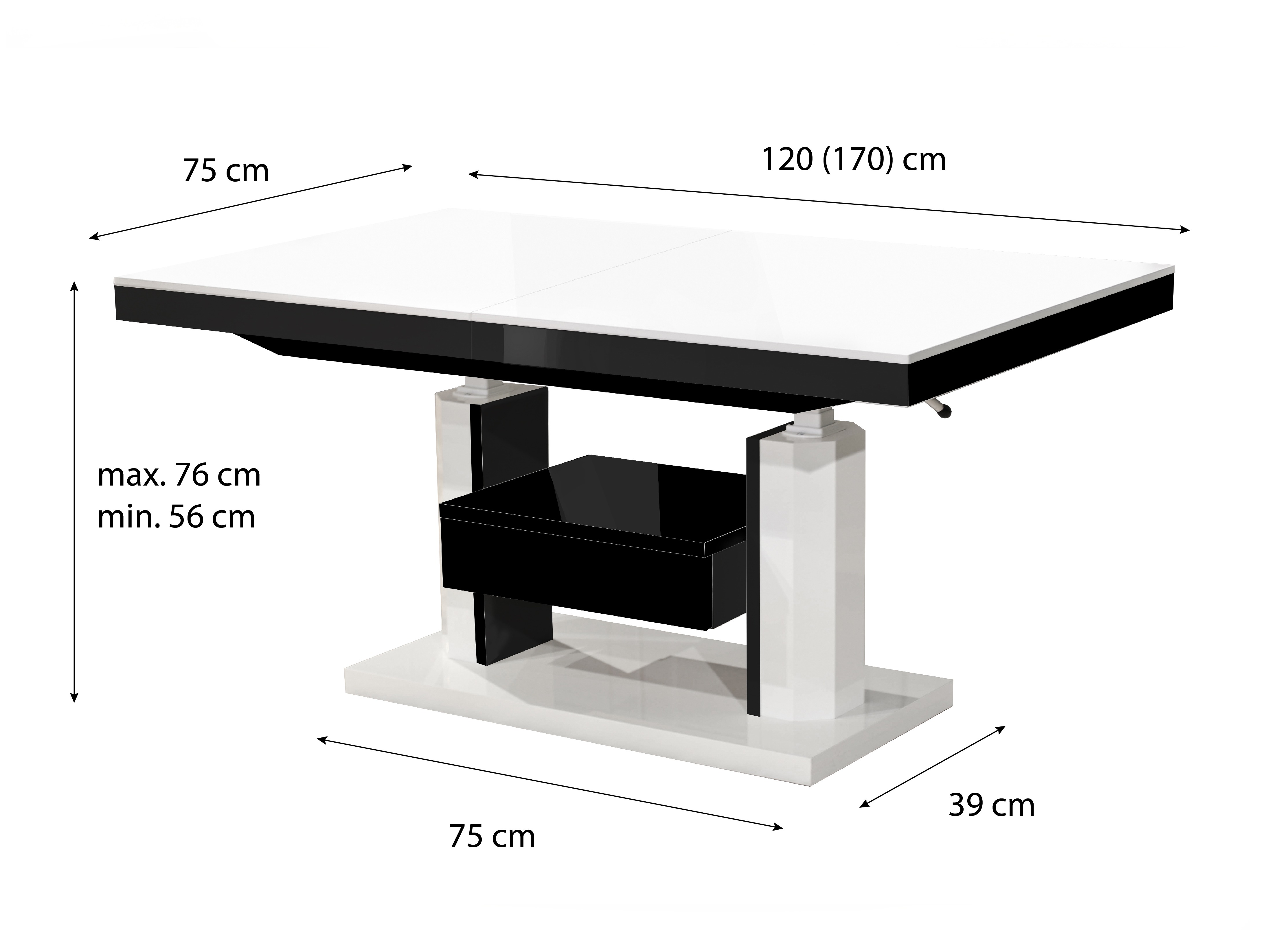 Couchtisch-Transformer Hoboken 100 (Weiß glänzend + Schwarz glänzend)