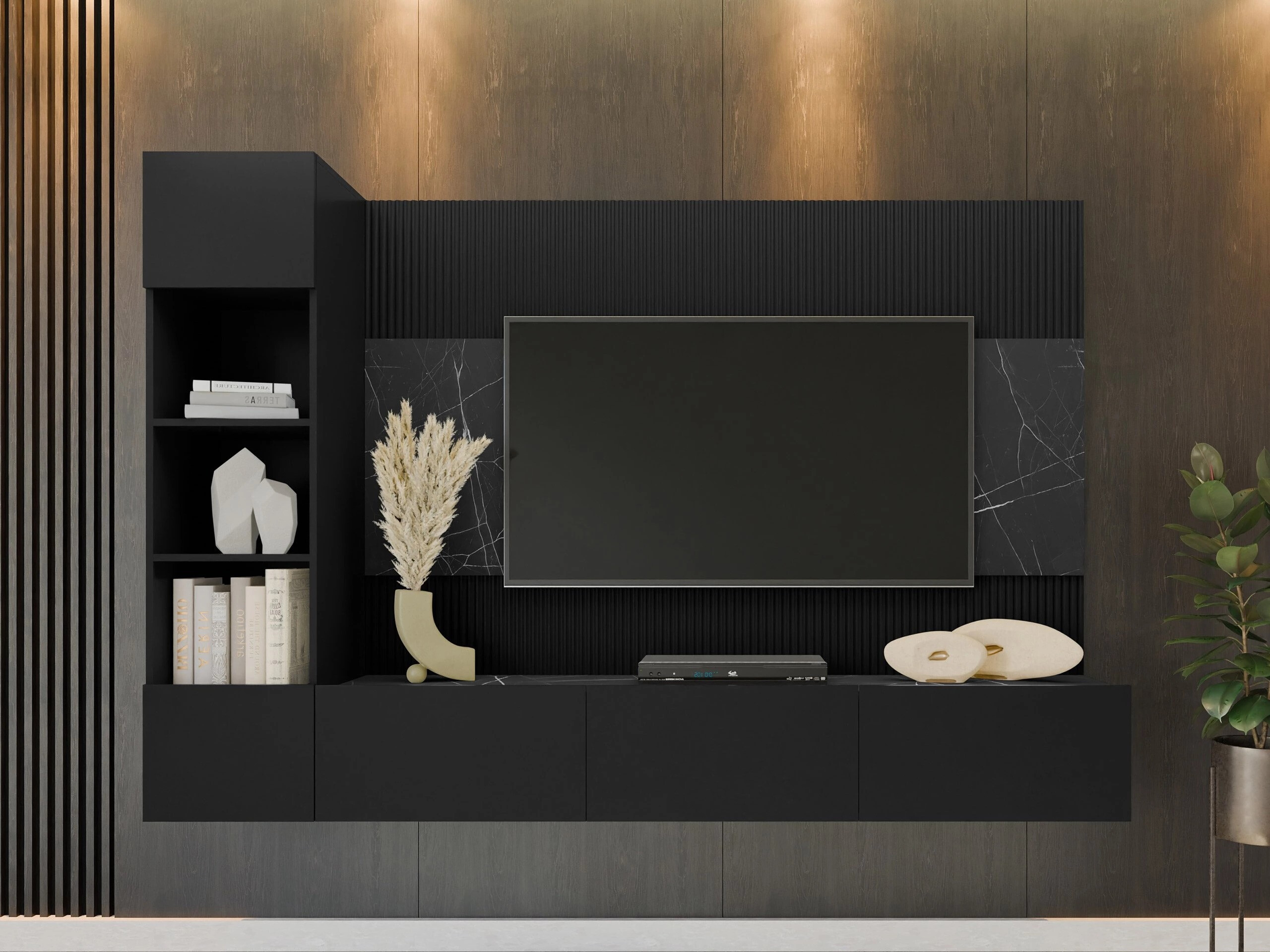Wohnzimmer-Sets Comfivo Salix II (Schwarz + Schwarzer Marmor)