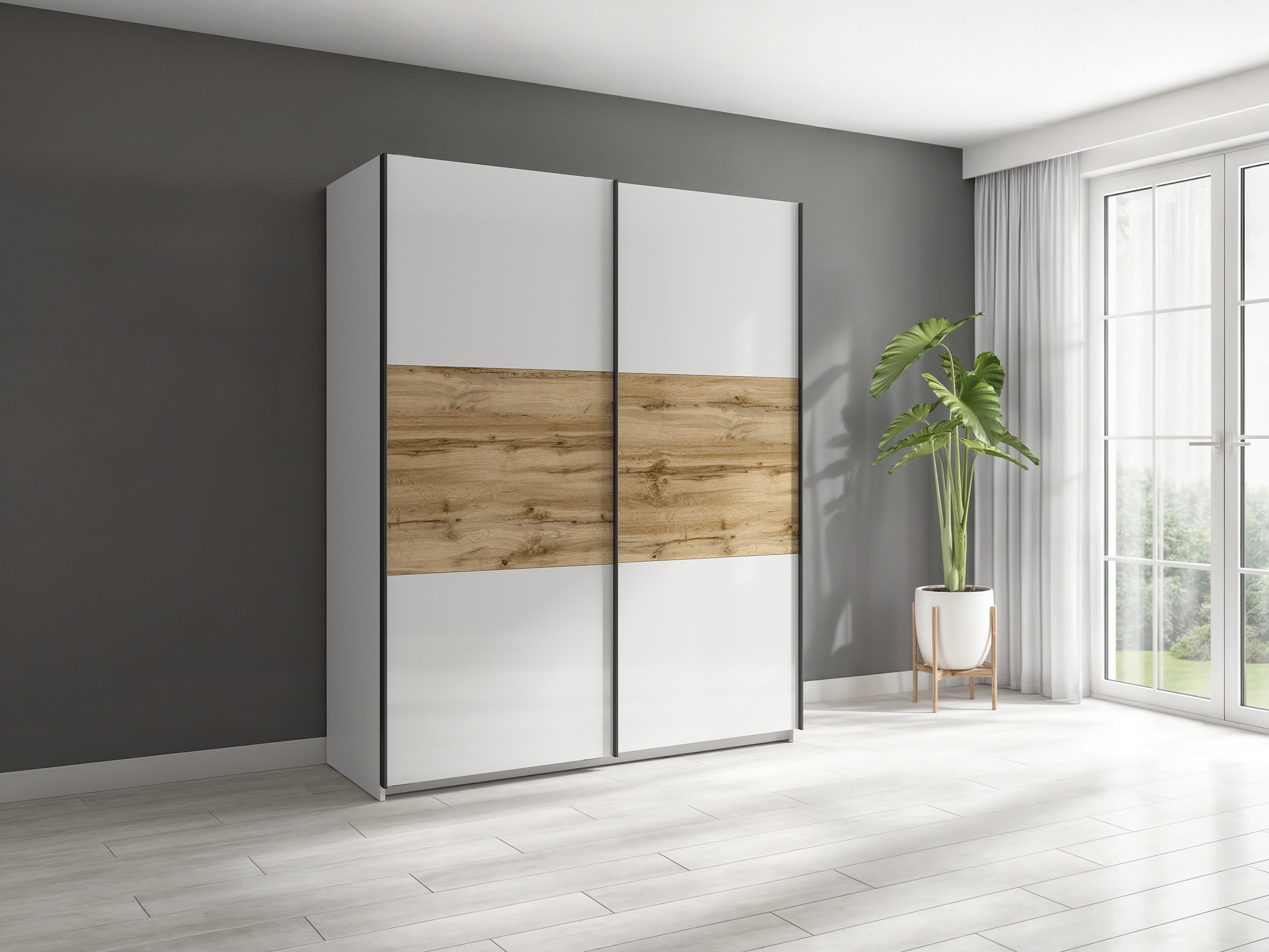 Kleiderschrank Livevaro 117 (Weiß glänzend + Wotan Eiche)