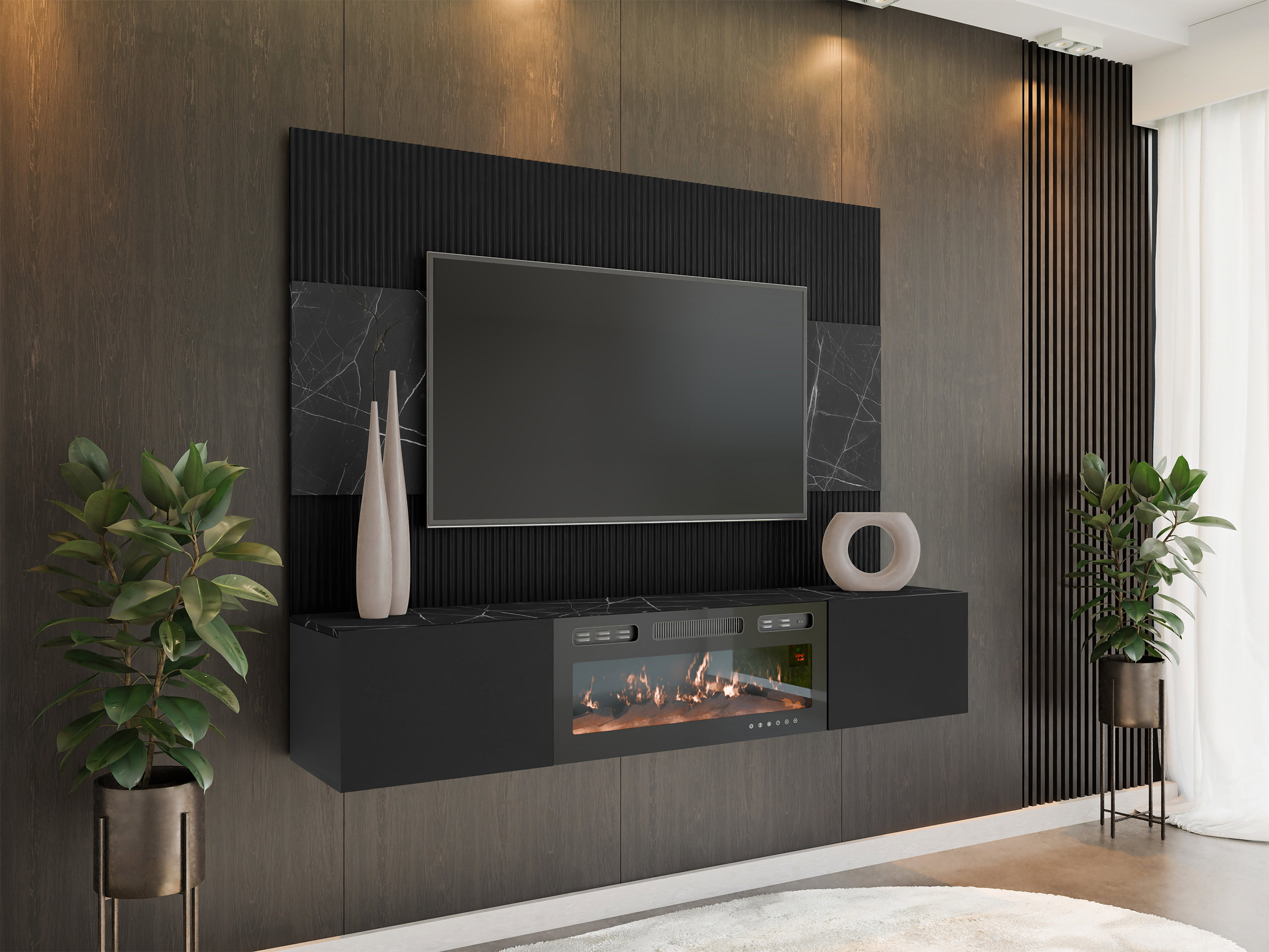 Wohnzimmer-Sets Comfivo Salix VII (Schwarz + Schwarzer Marmor)