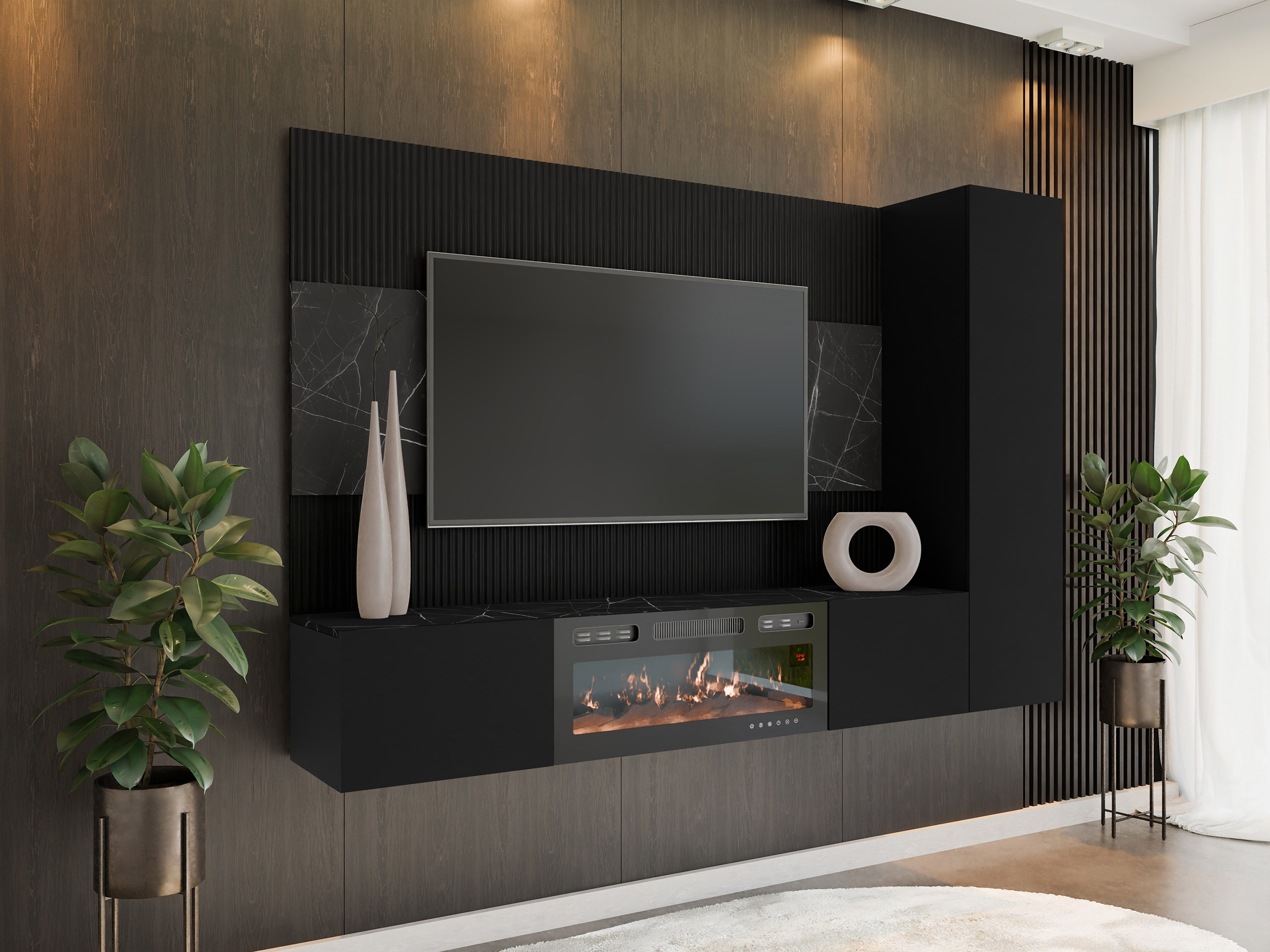 Wohnzimmer-Sets Comfivo Salix IX (Schwarz + Schwarzer Marmor)