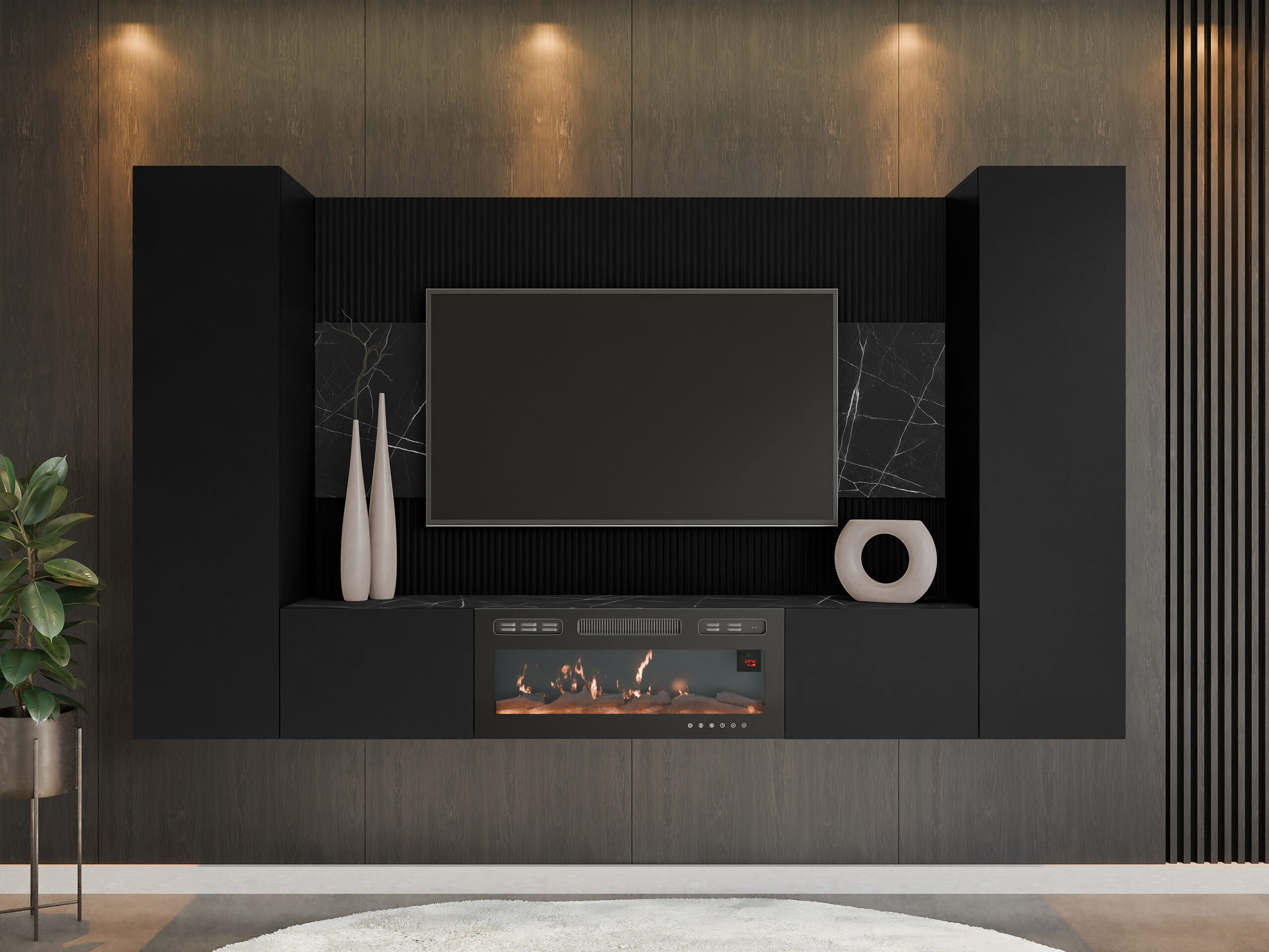 Wohnzimmer-Sets Comfivo Salix VIII (Schwarz + Schwarzer Marmor)