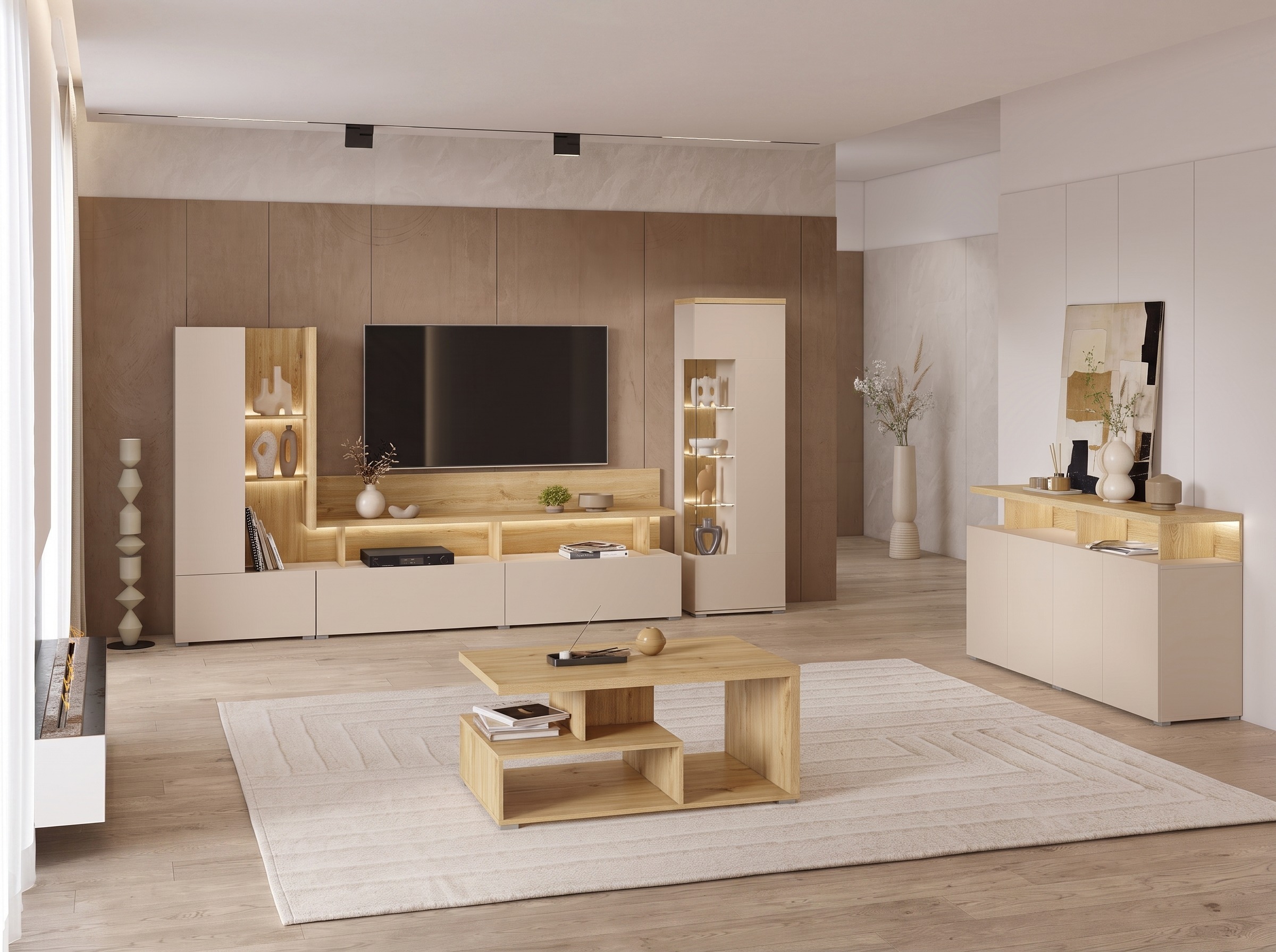 Wohnzimmer-Sets Virvele 101 (Kaschmir + Eichenholzoptik hell)
