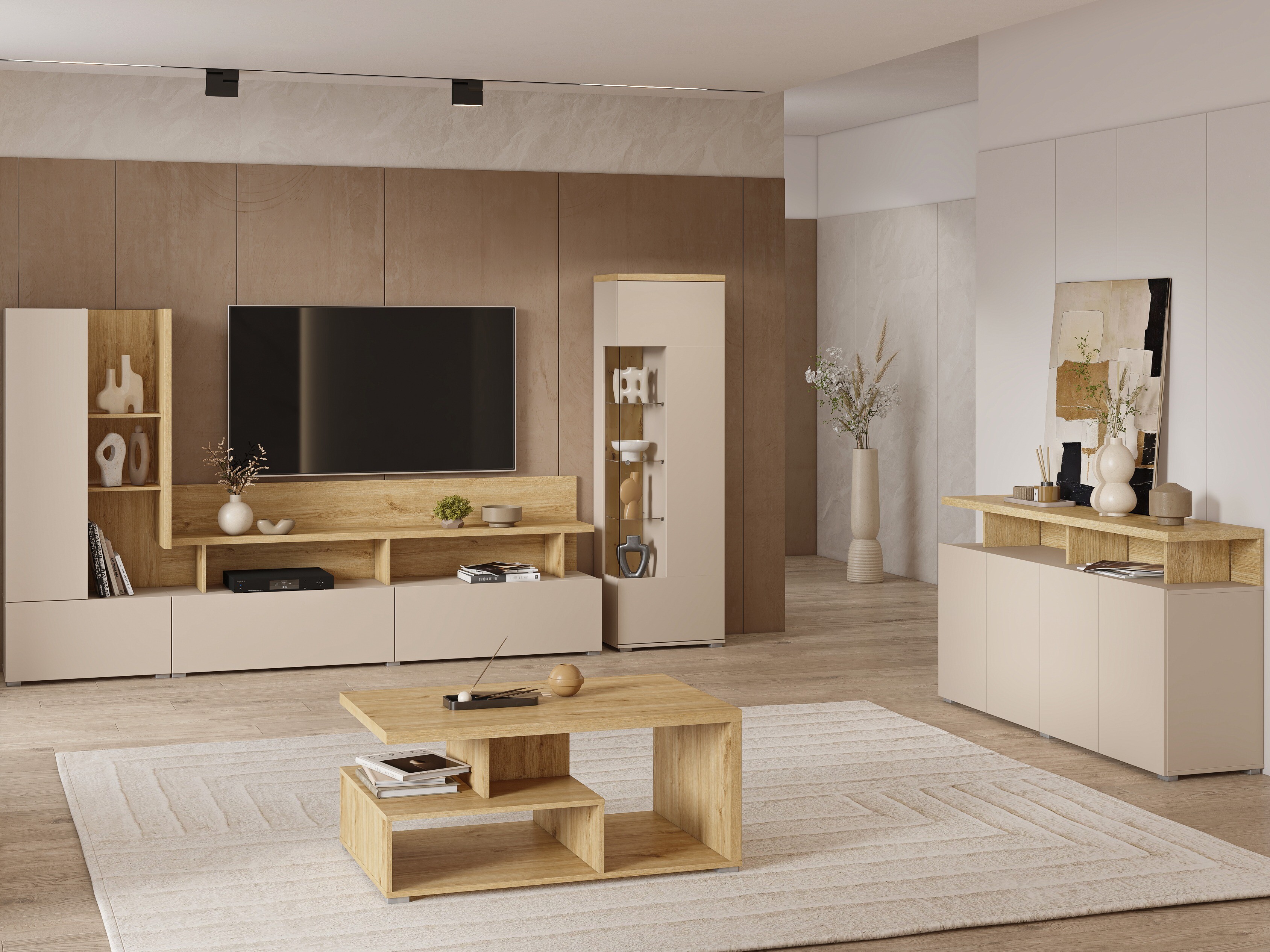 Wohnzimmer-Sets Virvele 103 (Kaschmir + Eichenholzoptik hell)
