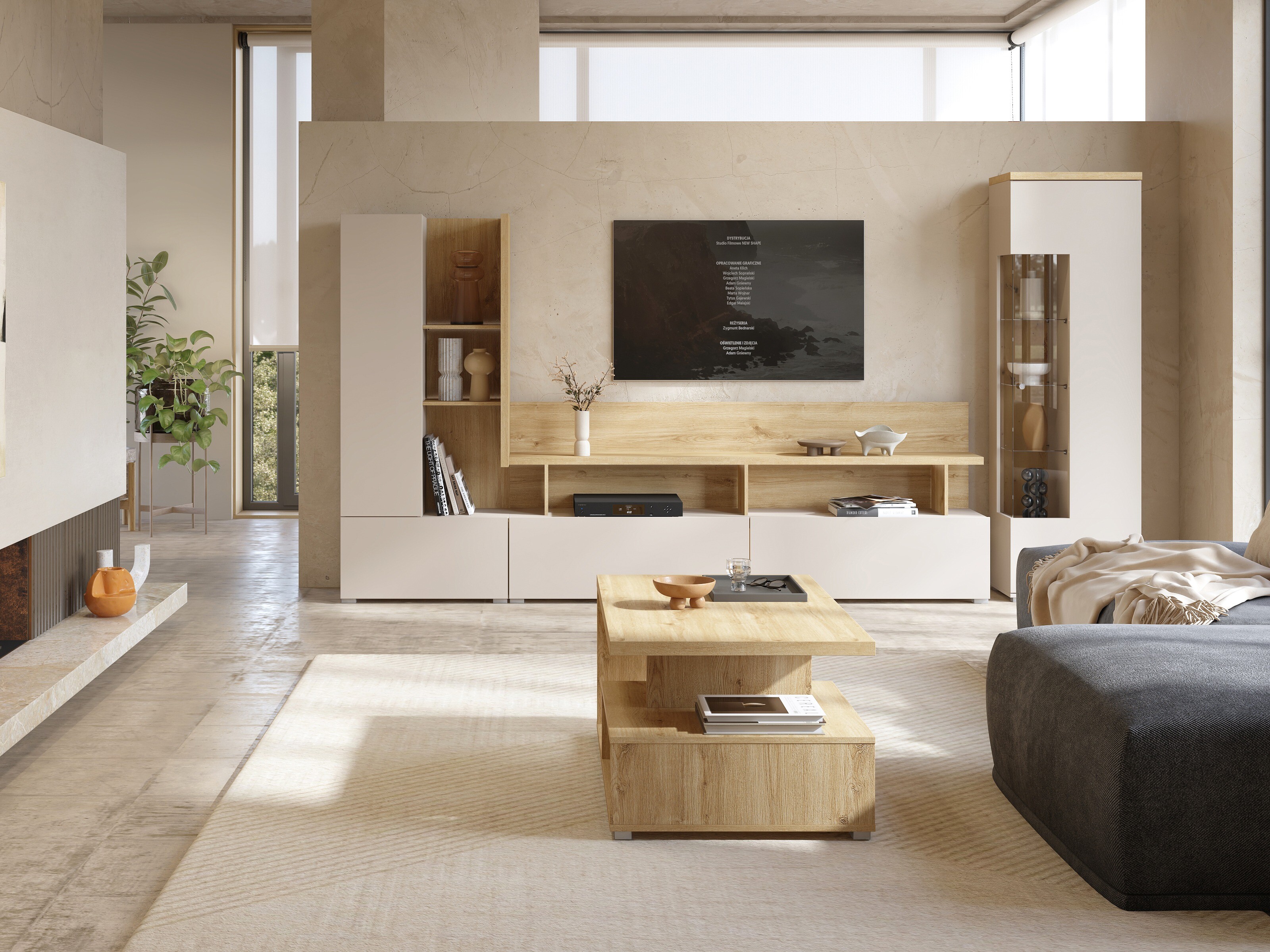 Wohnzimmer-Sets Virvele 101 (Kaschmir + Eichenholzoptik hell)