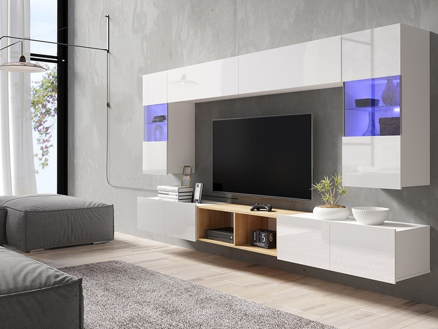 Wohnzimmer-Sets Remus XXIV (Weiß + Weiß glänzend + Goldene Eichenholzoptik)