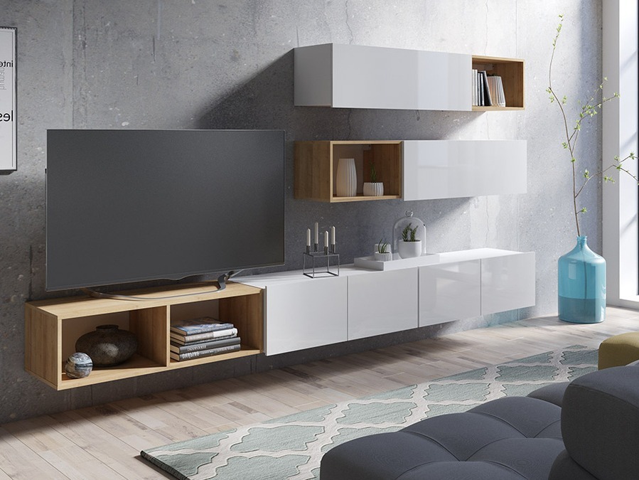 Wohnzimmer-Sets Remus XXV (Weiß + Weiß glänzend + Goldene Eichenholzoptik)