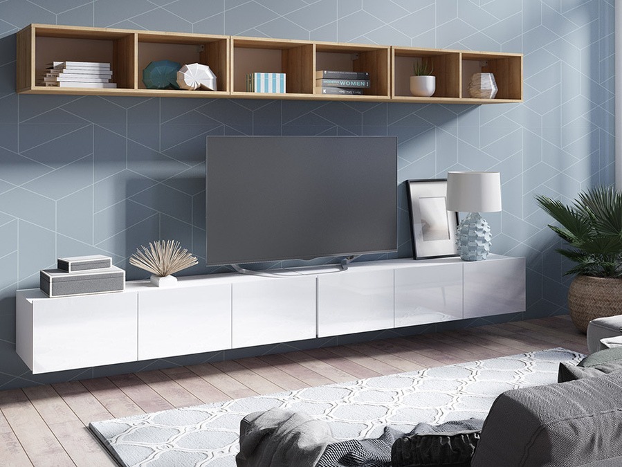 Wohnzimmer-Sets Remus XXXIII (Weiß + Weiß glänzend + Goldene Eichenholzoptik)