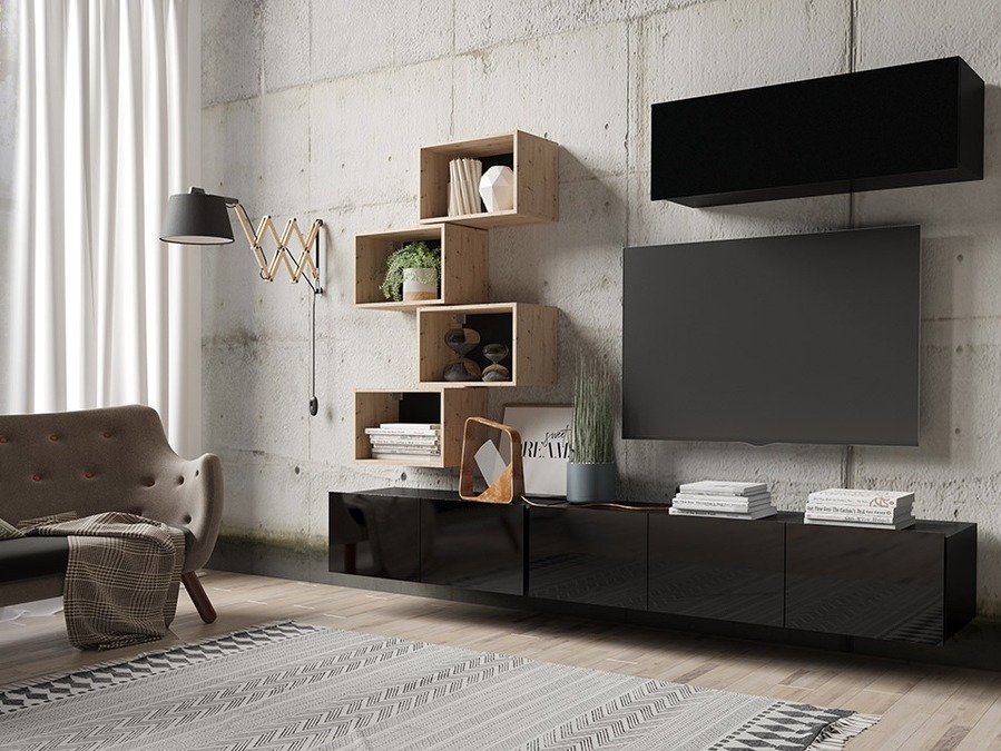 Wohnzimmer-Sets Tivdalu 149 (Schwarz + Schwarz glänzend + Artisan Eichenholzoptik)