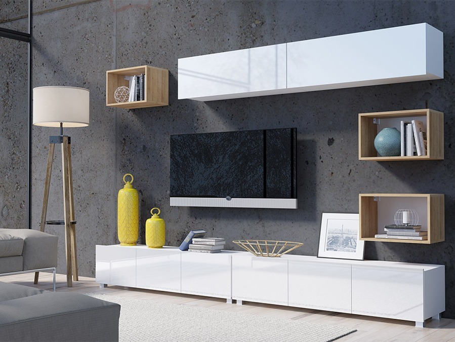 Wohnzimmer-Sets Tivdalu 151 (Weiß + Weiß glänzend + Goldene Eichenholzoptik)