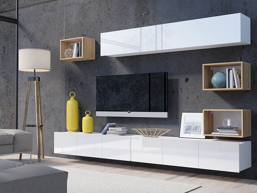 Wohnzimmer-Sets Tivdalu 151 (Weiß + Weiß glänzend + Goldene Eichenholzoptik)