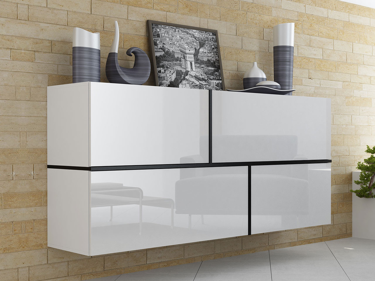 Hängeschrank Charlotte 100 (Weiß + Weiß glänzend + Schwarz)